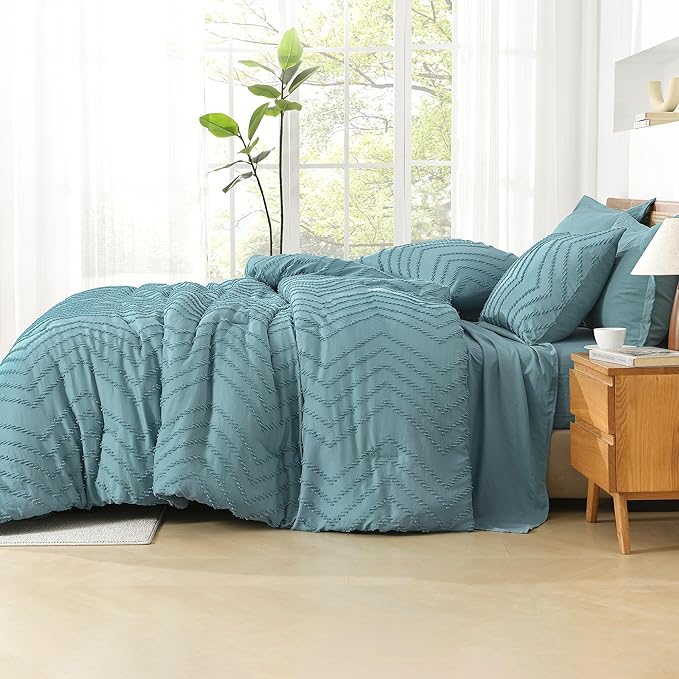 Litanika Grayish Teal Queen Size Comforter Set with Sheets - 7 Pieces Bed in a Bag Queen Boho Tufted Complete Bedding Sets with Comforter, Sheets, Pillowcases & Shams
