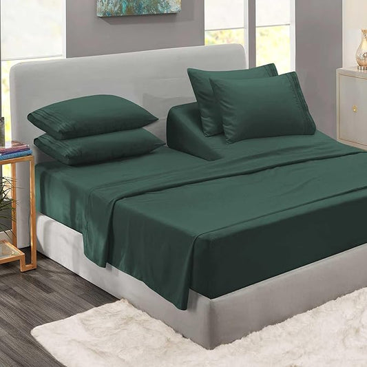 Clara Clark Flex Top King Sheets - Hotel Luxury 6 Piece Bed Sheets for Top Split King Bed - Soft Bedding Sheets & Pillowcases, Head Split King Size. Forest Green