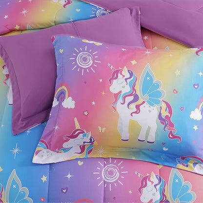 Twin Comforter Set for Girls-3 Pieces Rainbow Unicorn Twin Bedding Sets for Kids,1 Comforter,1 Sham and 1 Decor Pillow