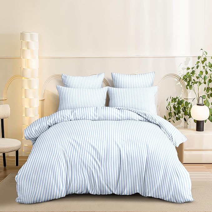 Nayoroom Blue Striped Duvet Cover Queen Size White Stripe Duvet Cover Dorm Bedding Set 3 Pieces Soft Lightweight Washed Microfiber Farmhouse Bedding Set Gifts for Women Men