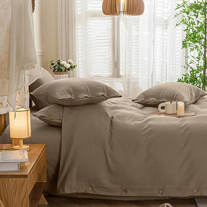 JELLYMONI Cotton Duvet Cover Twin Size - Khaki Comforter Cover with Button 100% Washed Cotton 2PCS Breathable Soft Solid Bedding Set Duvet Cover 68×90in & 1 Pillowcase (NO Comforter)