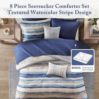 Madison Park Marina Comforter Quilt Combo Set - Modern Luxury Design, All Season Down Alternative Bedding, Matching Shams, Decorative Pillows, King/Cal King(104"x92") Seersucker Blue 8 Piece