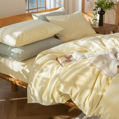 MooMee Bedding Pillowcases Pack of 2 100% Washed Cotton Linen Like Textured Breathable Durable Soft Comfy (Heathered Butter Yellow, Standard)