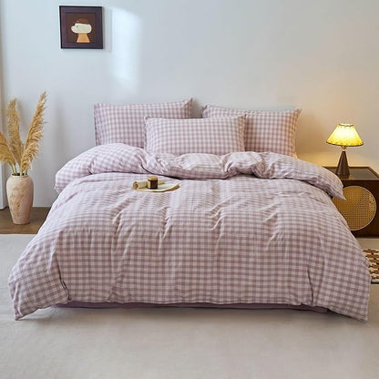 Gingham Duvet Twin XL Cover Purple Washed Cotton Twin XL Comforter Cover Boho Cute Checkered Zipper Duvet Cover Set with Corner Ties Plaid Soft Bedding Set for Teen Girls Duvet Protector