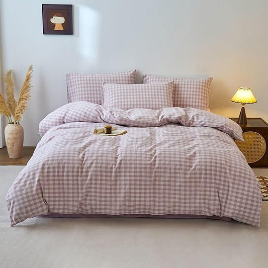 Gingham Duvet Twin XL Cover Purple Washed Cotton Twin XL Comforter Cover Boho Cute Checkered Zipper Duvet Cover Set with Corner Ties Plaid Soft Bedding Set for Teen Girls Duvet Protector