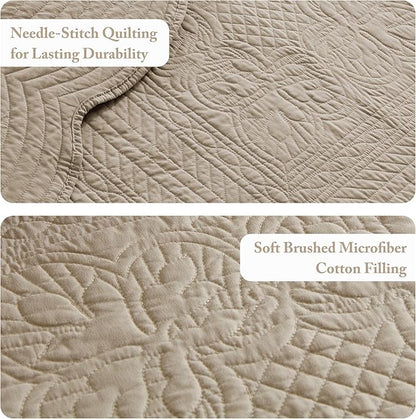 Madison Park King Quilt Set - Damask Coverlet Set for King Size Bed, Cottage Oversized Quilt Set, Scallop Edge, All Season, Pre-washed Cotton-Filled Quilt, Tuscany, Khaki 3 Piece