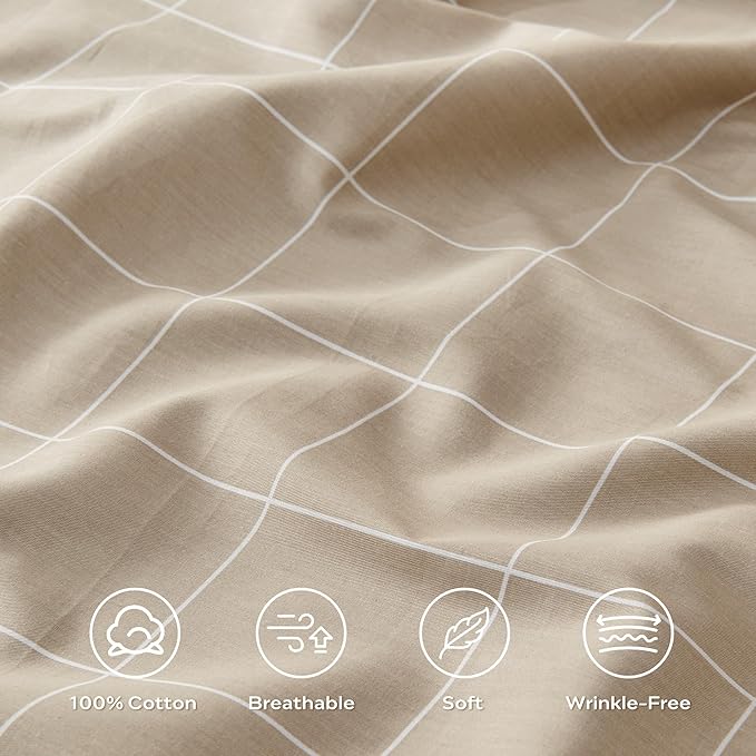 JELLYMONI 100% Natural Cotton 2pcs Plaid Duvet Cover Sets, Checkered Twin Comforter Cover, 1 Duvet Cover and 1 Pillow Case with Zipper Closure & Corner Ties, Khaki