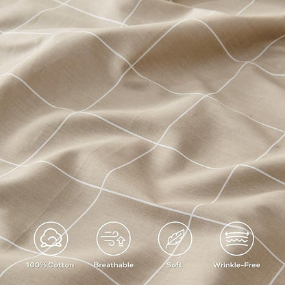 JELLYMONI 100% Natural Cotton 2pcs Plaid Duvet Cover Sets, Checkered Twin Comforter Cover, 1 Duvet Cover and 1 Pillow Case with Zipper Closure & Corner Ties, Khaki