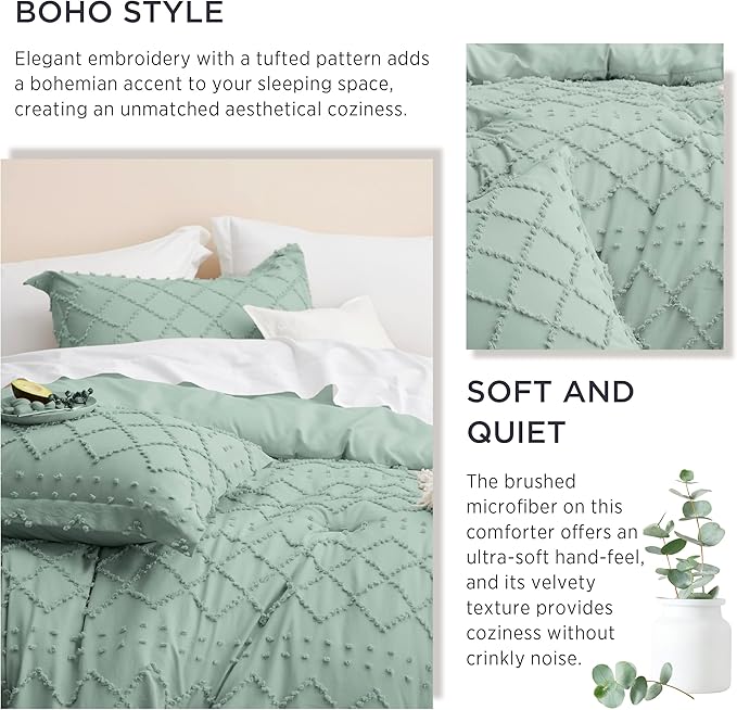 Bedsure King Comforter Set - Sage Green Comforter, Boho Tufted Shabby Chic Bedding for Kids, 3 Pieces Vintage Farmhouse Bed Set for All Seasons, Fluffy Soft Bedding with 2 Pillow Shams