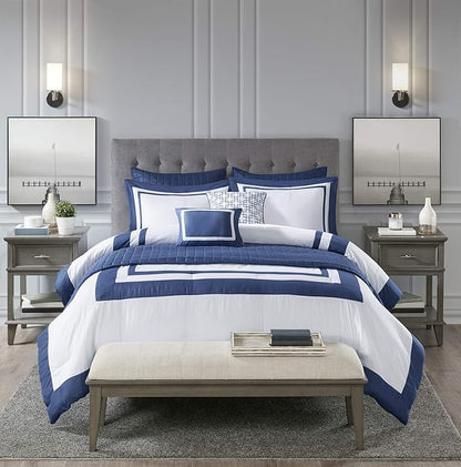 Madison Park Heritage Comforter Quilt Combo Set - Modern Luxury Design, All Season Down Alternative Bedding, Matching Shams, Decorative Pillows, Full/Queen(90"x90"), Color Block Navy 8 Piece