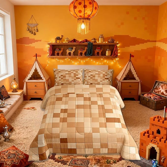 Pixelated Miners Blocks Kids Bedding Set King Size,Patchwork Square Video Games Comforter Set,Geometric Patchwork Grid Quilt Comforter,Light Brown Bedroom Duvet Insert,2 Pillowcases