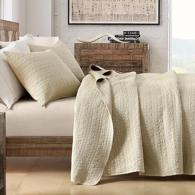 HORIMOTE HOME Quilt Set Twin Size Brich Beige, Classic Geometric Spots Stitched Pattern, Pre-Washed Microfiber Chic Rustic Look, Ultra Soft Lightweight Quilted Bedspread for All Season, 2 Pieces
