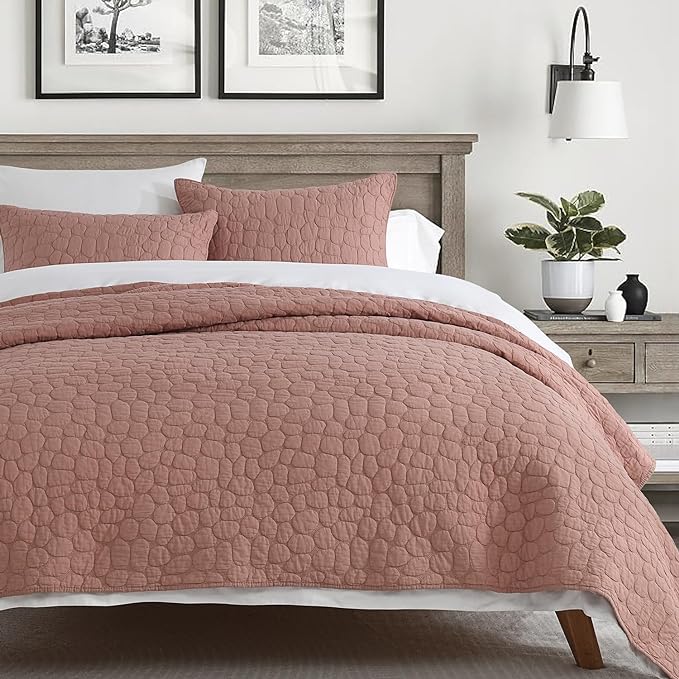 HORIMOTE HOME 100% Cotton Quilt Set King Size, Cameo Rose Pre-Washed Bedspreads Coverlet Set with Cobblestone Pattern, Cozy Lightweight Stitching Decorative Bedding Cover for All Seasons