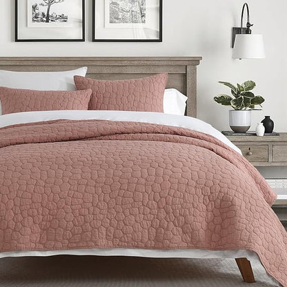 HORIMOTE HOME 100% Cotton Quilt Set King Size, Cameo Rose Pre-Washed Bedspreads Coverlet Set with Cobblestone Pattern, Cozy Lightweight Stitching Decorative Bedding Cover for All Seasons