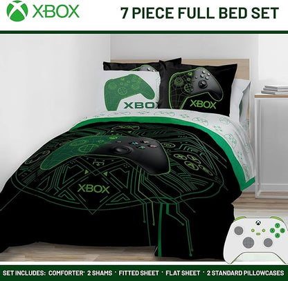 Jay Franco Kids Comforter Set Includes Sheets and Pillow Covers - Soft and Cozy Bed Set for Stylish Room Decor, Official Licensed Product, White - Xbox, 7 Piece Full