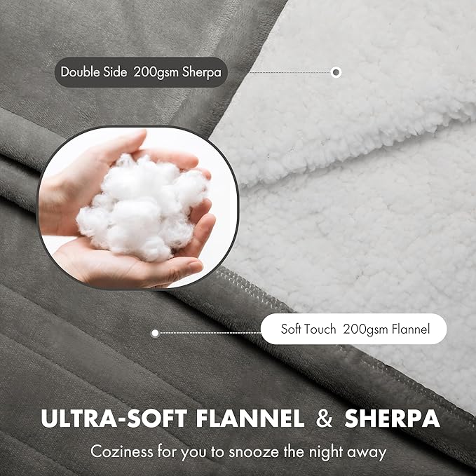Electric Blanket Queen 84" x 90" - Flannel Sherpa Heated Blanket with Dual Control, 5 Heating Levels & 10 Hours Auto Off, Washable Heated Blanket with Overheat Protection for Home (Grey)