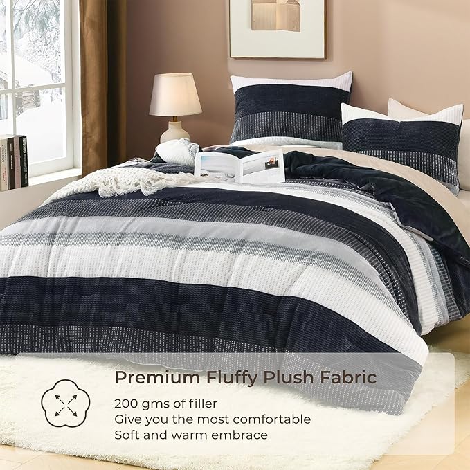 Litanika Fluffy Fleece Full Size Comforter Set, Luxury Soft Plush Fuzzy Black Blue Stripe Bedding Comforter Sets, Warm Shaggy Faux Fur Bed Set All Season (1 Comforter, 2 Pillowcases)