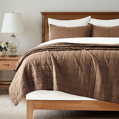 EVERGRACEHOME 100% Cotton Box Stitch Quilt Bedding Set King Size 3 Pieces, Garment-Washed Lightweight Soft Cozy Coverlet, Oversized Quilted Bedspread Sets with 2 Shams for All Season, Sienna Brown