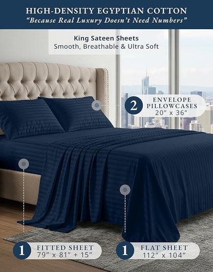 LANE LINEN 100% Egyptian Cotton Sheets King Size, Fully Elasticized Reinforced Seams Extra Deep Pocket King Sheet, No Pill Fade Resistant Cooling Sheets King Size Damask Stripe - Navy