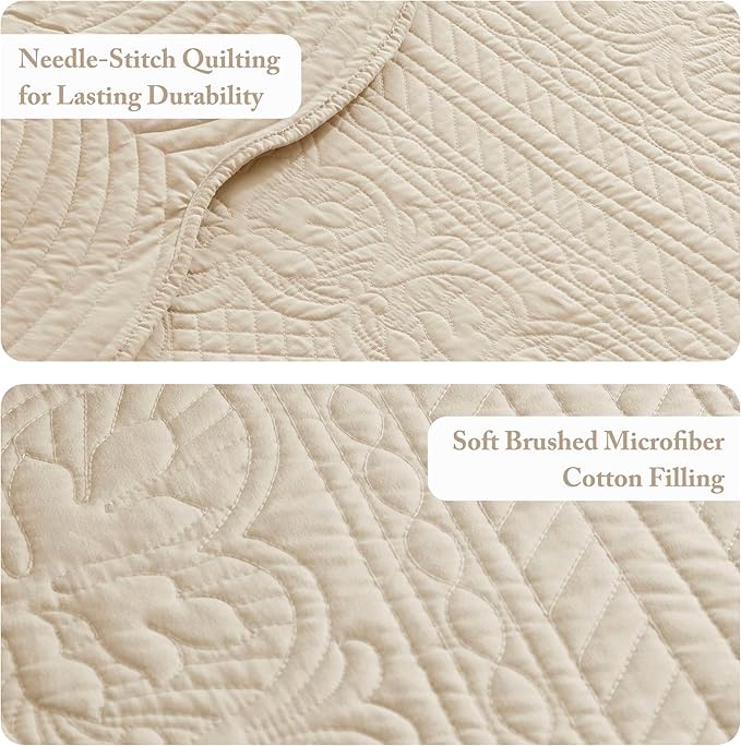 Madison Park King Quilt Set Damask Coverlet Set for King Size Bed, Cottage Oversized Quilt Set, Scallop Edge, All Season, Pre-washed Cotton-Filled King Size Quilt, Tuscany, King/Cal King Cream 3 Piece