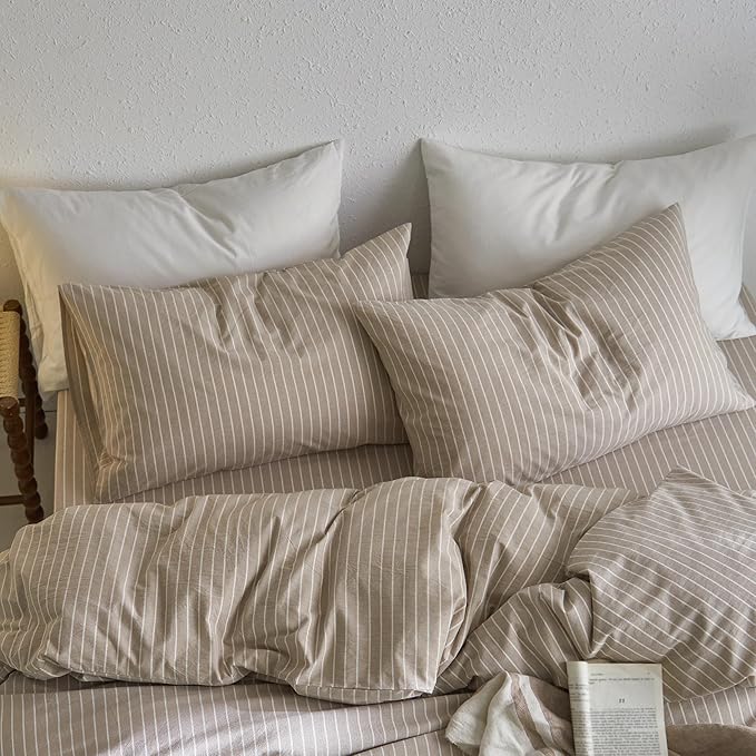 MooMee Bedding Pillowcases Striped Pack of 2 100% Washed Cotton Linen Like Textured Breathable Durable Soft Comfy (Tannish Linen Grey White Wide Stripes, King)