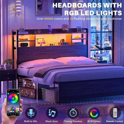 Aheaplus Headboard for Full Size Bed with Storage, Headboards with LED Light, Power Outlets, USB Ports Full Size Head Board, Wood headboard Only Sturdy and Stable Headboards, Modern, Black Oak