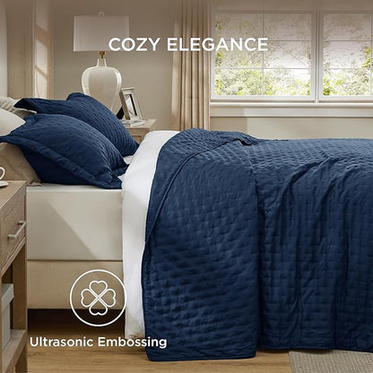 Bedsure Quilts Queen Size - Navy Blue Bedspread Queen Size & Lightweight Comforter, Modern Coverlet with Clover Pattern, Ultra Soft All-Season Bedding, 90 x 96 Inches | Stitch-Free Quilting, Ultra Soft, Lightweight, Machine Washable, Pet-Friendly