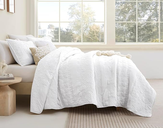 B2EVER Boho White Quilt King Size Bedding Sets with Pillow Sham, Bohemian Lightweight Soft Bedspread Coverlet, Farmhouse Floral Vintage Thin Comforter Bed Cover for All Season, 3 Pieces, 104x90 inches