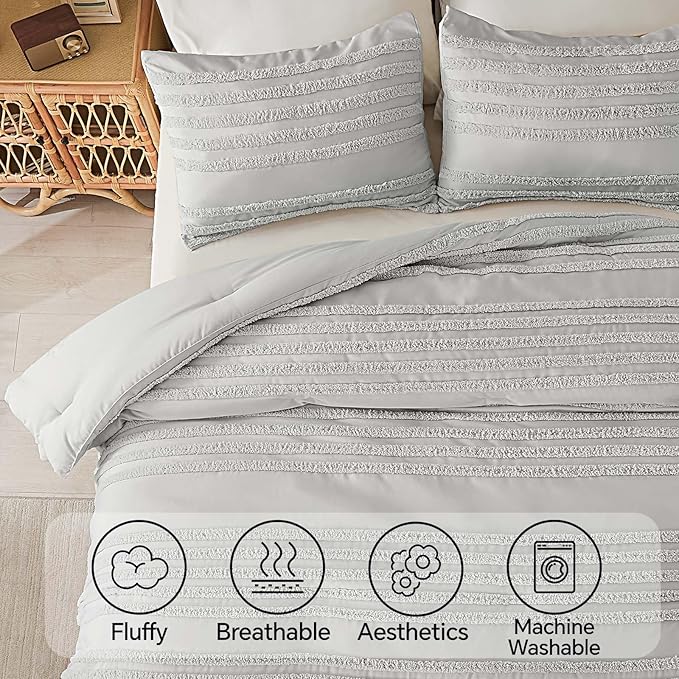 BEDELITE Boho Comforter Set Queen Size, Light Grey Tufted Striped Bed Set 3 Pieces, Soft Vintage Farmhouse Comforter for All Seasons, Boho Home Decor,Fluffy Jacquard Bedding with 2 Pillow Shams