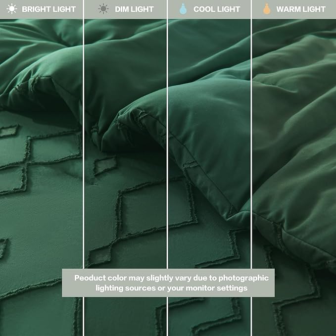 Andency California King Comforter Set Emerald Green, 3 Pieces Boho Tufted Geometric Shabby Chic Bedding, Soft Fluffy Farmhouse Bed Set, Dark Green Textured Comforter for All Season (104x96 Inch)