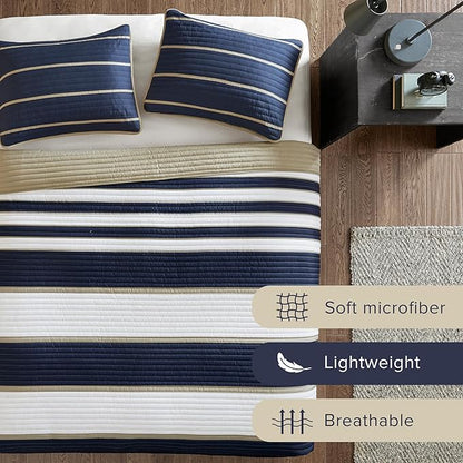 Comfort Spaces Quilt Set Trendy Casual Fun, Vibrant Color Design, Hypoallergenic All Season, Lightweight Coverlet Bedspread Cozy Kids Bedding & Sham Twin/Twin XL Verone White Blue Stripe 2 Piece