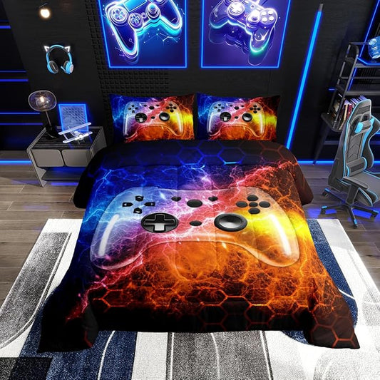 Erosebridal Gaming Bedding Set for Kids Boys Gamer Comforter Set Twin Size,Green Blue Lighting Gamepad Bedding for Teens Honeycomb Game Room Decor,Soft Neon Console Quilt Duvet 2Pcs