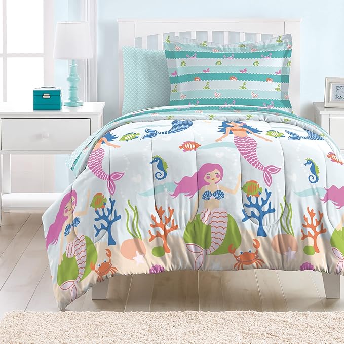 dream FACTORY Kids 5-Piece Complete Set Easy-Wash Super Soft Microfiber Comforter Bedding, Twin, Light Blue Mermaid Dreams