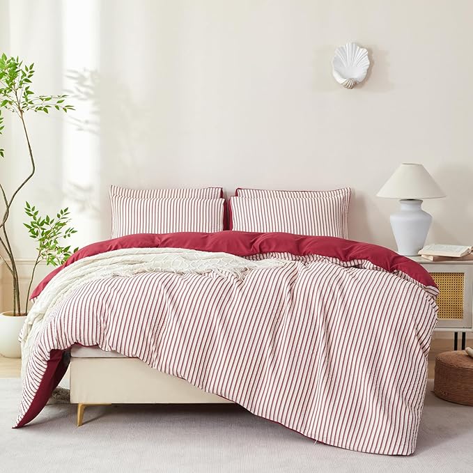 Comforter Set King Size Brick Red Striped Soft Luxury Washed Microfiber Jacquard 3 Pieces White Brick Red Vertical Ticking Stripes Pattern Comforter with 2 Pillowcases Breathable Durable Comfy