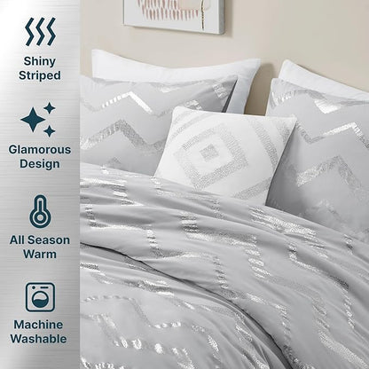 Codi Silver and Grey Bedroom Set, Gray Girls Bedding Comforter Sets Queen and Full Size, 4 Pieces for Women - All Seasons Warm