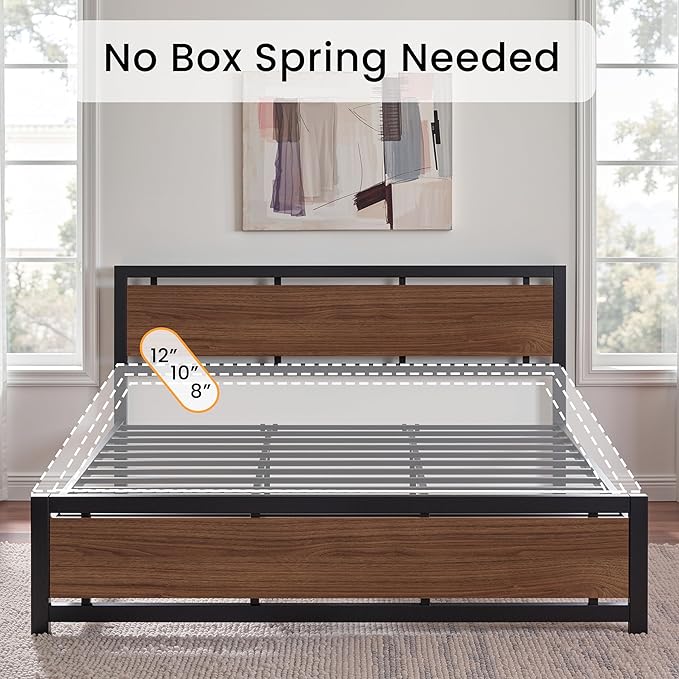 LIKIMIO King Bed Frame with Headboard and Footboard, Metal Strong Supports, Easy Assembly, Noise-Free, No Box Spring Needed, Dark Walnut