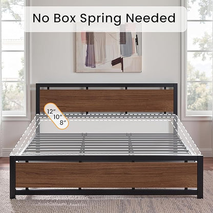 LIKIMIO King Bed Frame with Headboard and Footboard, Metal Strong Supports, Easy Assembly, Noise-Free, No Box Spring Needed, Dark Walnut