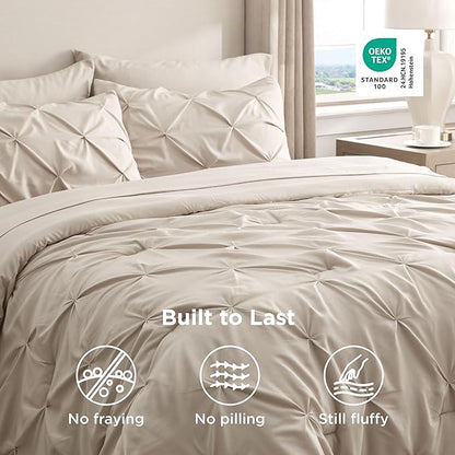 Bedsure Twin XL Comforter Set - Extra Long 5 Pieces Dorm Bedding Sets, GentleSoft™ Pinch Pleat Beige Bed in a Bag with Pintuck Comforter, Sheets, Pillowcase & Sham