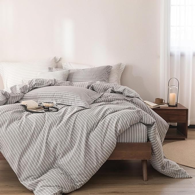 Stripe Duvet Cover Super King Size 108inch x 98inch, 100% Washed Cotton Linen Feel Duvet Cover with Zipper Closure and 2 Pillowcases, Color of Grey-White Stripe