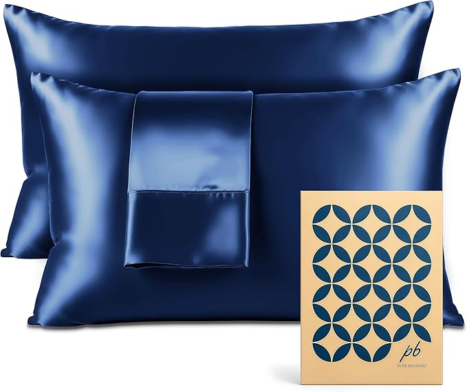 Pure Bedding Satin Pillowcase 2 Pack - Queen Size (20"x30", Navy) - Silky Pillow Cases for Hair and Skin - Satin Pillow Covers with Envelope Closure - Extra Soft Premium Microfiber