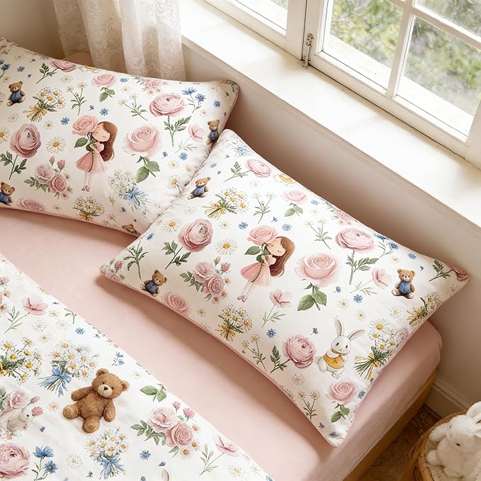 Pink Bed in A Bag Queen for Girls, 5Pcs Pink Rose Bedding for Kids Kawaii Bedroom Decor, Cute Priness Girly Rabbit Bear Comforter Set with 2 Pillowcases, 90"x90"