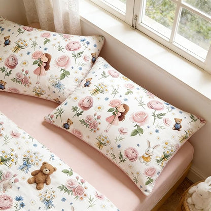 Pink Bed in A Bag Queen for Girls, 5Pcs Pink Rose Bedding for Kids Kawaii Bedroom Decor, Cute Priness Girly Rabbit Bear Comforter Set with 2 Pillowcases, 90"x90"
