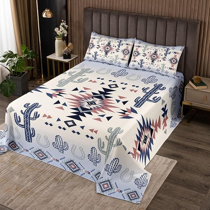 Manfei Geometric Aztec Bedspread Twin Size,Horseshoe Cactus Western Cowboy Cowgirl Coverlet Set,Boys Girls Room Decor,Arrow Native Tribal Quilted Coverlet,Bohemia Retro Bedding Quilt,1 Pillowcase