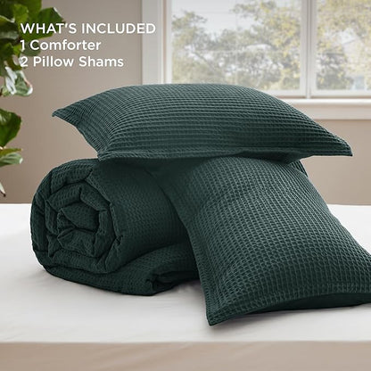 Bedsure Waffle Comforter Set King, Forest Green Soft Bedding, Waffle Weave Bed Set, 3 Pieces, 1 Comforter (104"x90") and 2 Pillow Shams, Cotton Shell and Polyester Lining for All Seasons