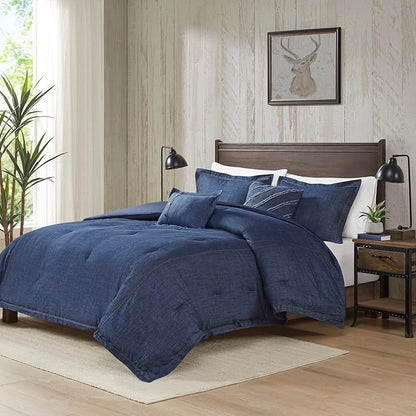 Woolrich Rustic Lodge Cabin Comforter Set - All Season Down Alternative Warm Bedding Layer and Matching Shams, Oversized Twin, Perry, Denim Blue