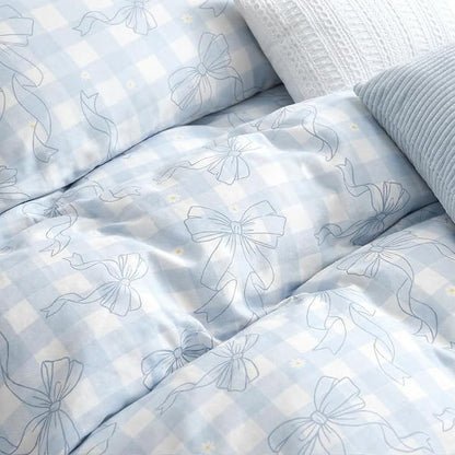 Blue Bow Comforter Set Full for Girls, Light Blue Gingham Bedding with Heart Pattern, 3 Pcs Checkered Plaid Quilted Comforter Set with 2 Pillowcases, 79"x90"
