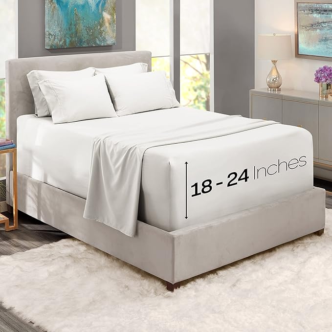 Hearth & Harbor Extra Deep Pocket Sheets - Fits Mattress 18-24 Inches Deep - Extra Deep Pocket Split King Size Sets - 7 Piece Split King Size - White