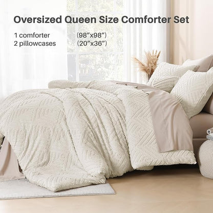 Litanika Beige Oversized Queen Comforter, 3 Pieces Cream Tufted Boho Farmhouse Bedding Comforter Sets, Lightweight Fluffy Comforter Bed Set for All Season (98x98In Comforter and 2 Pillowcases)