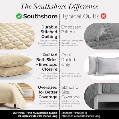 Southshore Fine Living, Inc. Twin XL Comforter Quilt Bedding Set, Dorm Room Essential Bedding, Stain Resistant, Machine Washable Bedspread, XL/Twin Beige Quilt Bed Spread w/Pillow Sham, Soft Sand