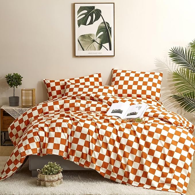 Houseri Burnt Orange Plaid Comforter Set White and Bedding Sets Twin Rust Grid Buffalo Checkered Kids Terracotta Gingham Size, Twin(68''*90''-Comforter)
